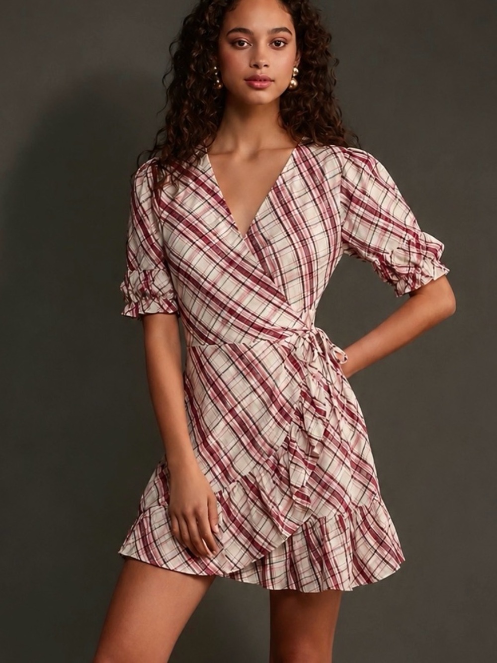 Anthropologie AUGUSTE The Label Sloane Plaid Wrap Ruffle Mini Dress XS